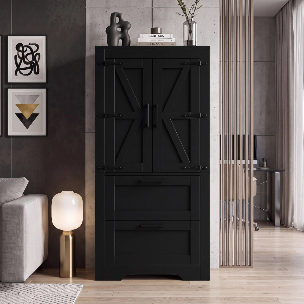 Credenza alta in stile rustico con 2 cassetti e ripiani regolabili per cucina, soggiorno e sala da pranzo in MDF nero