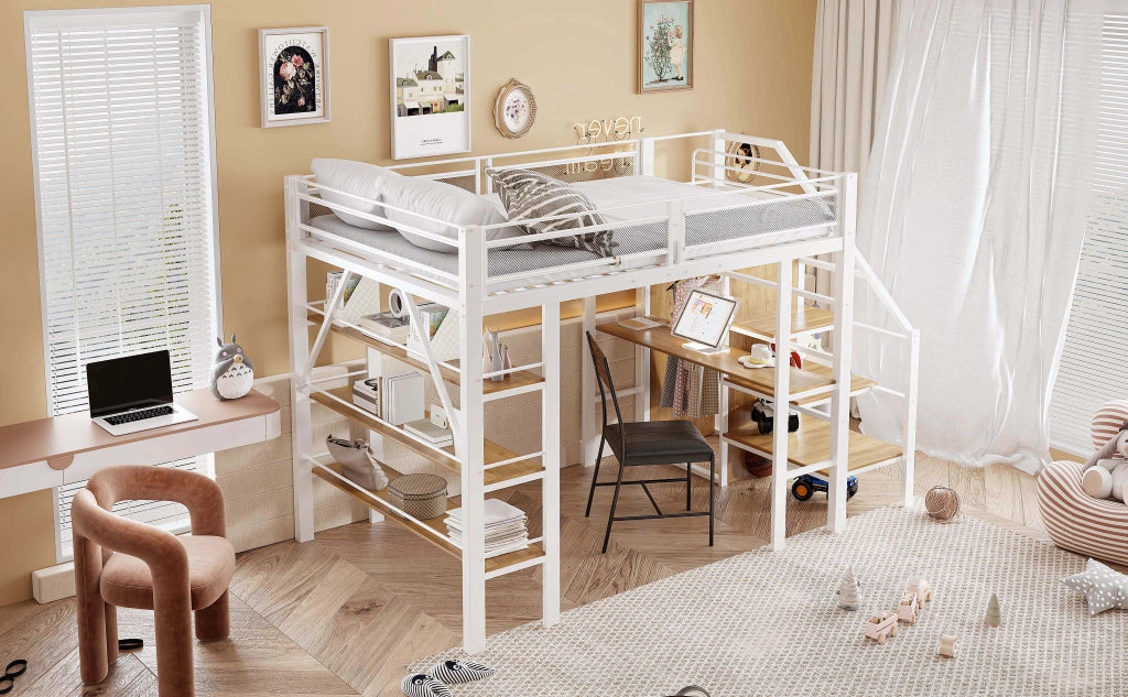 Letto alto bianco in metallo con scrivania armadio e scaffali a tre livelli 140x200 cm