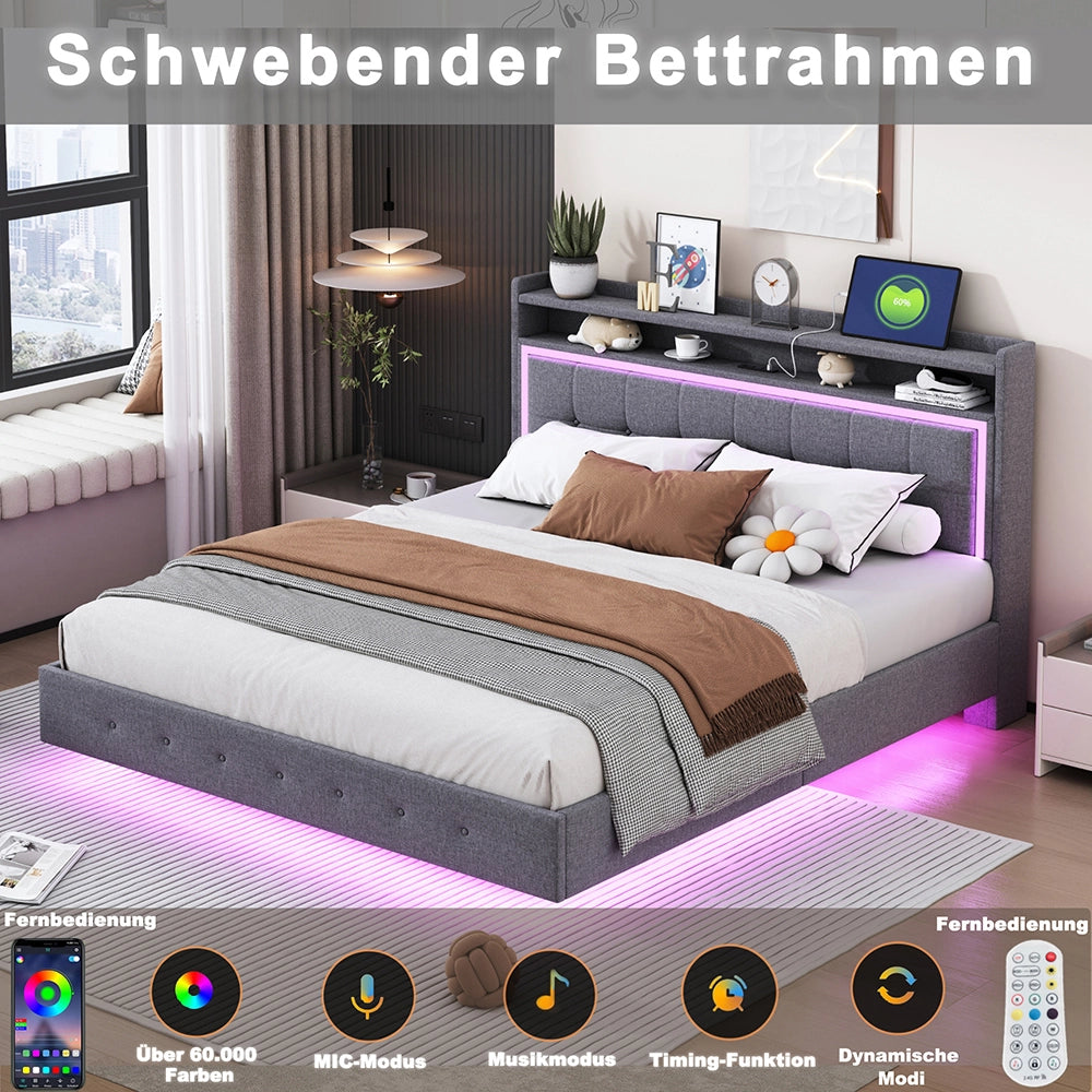 Letto matrimoniale - Xylo - 160x200 cm - Grigio - Connessione USB e illuminazione LED, piede del letto nascosto