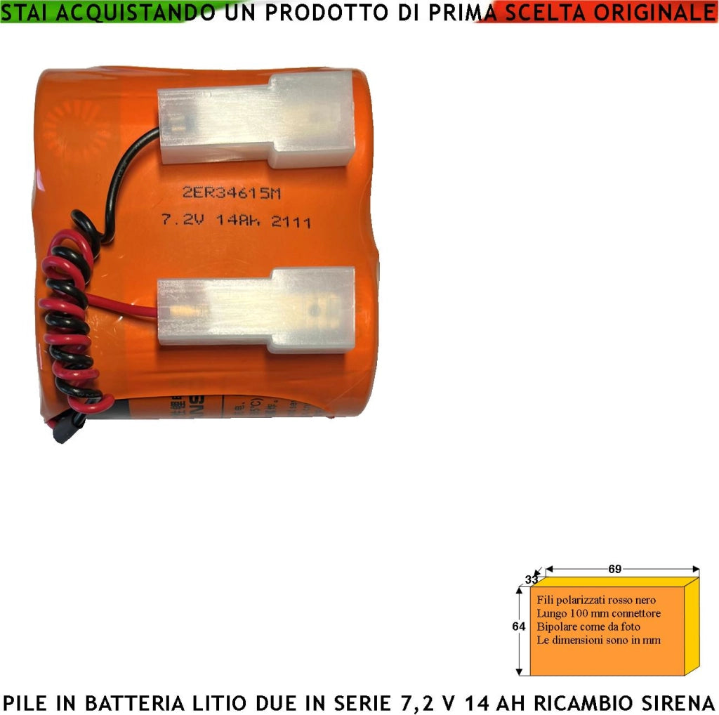 Pila litio ER34615M 7,2 V 14 Ah 2 Batterie Non Ricaricabile Ricambio Compatibile Sirena Radio Connettore Polarizzato Sostituibile Dimensioni H62XL69Ø34 mm Peso 231 gr Pronta all'Uso Direttiva ISO 9001