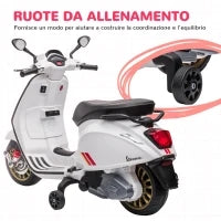 Moto Elettrica per Bambini a Licenza Vespa con Rotelle, Fanale e Musica, in PP e Metallo, 107x47x73 cm, Bianco