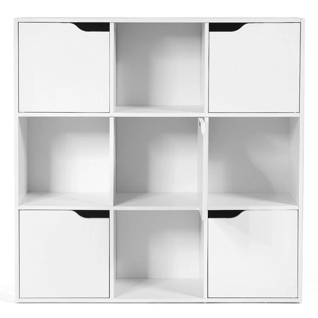 Armadietto con 9 cubi e ante di legno con scomparti, Espositore per casa ufficio libri giocattoli e decorazioni, Bianco-Librerie