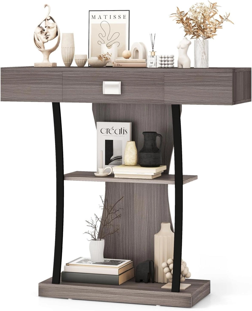 Consolle in Legno, Tavolo Ingresso Con Cassetti, Ripiani e 2 Kit Anti-ribaltamento, Multiuso e Salvaspazio per Salotto, Camera da Letto e Corridoio, 91 x 30 x 88 cm (Nero)
