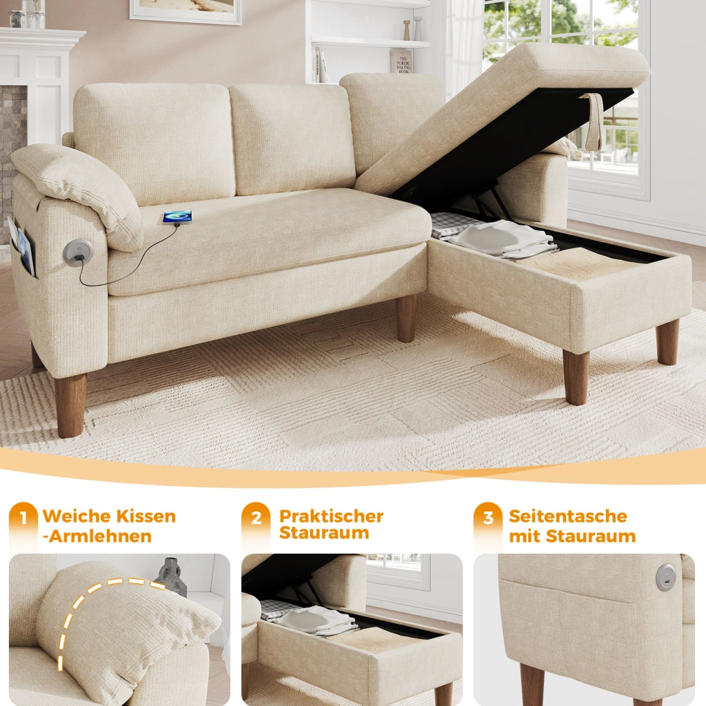 Divano angolare a L 3-4 posti con chaise longue reversibile; USB e Type-C; ciniglia beige