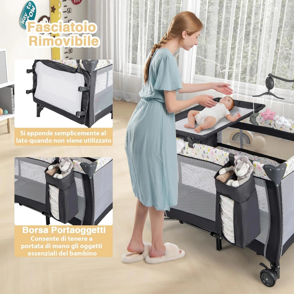 3 In 1 Lettino da Campeggio per Bambini, Lettino con Materasso Portatile per Neonati, Culla Pieghevole per Neonati con Fasciatoio, Carillon e Ruote con Freno, per Bambini 0-36 Mesi (Colorato)