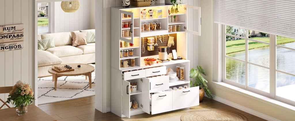 Credenza da cucina con LED RGB, prese e 5 cassetti, ripiani regolabili, per cucina, bianco, 185 × 145 × 40 cm