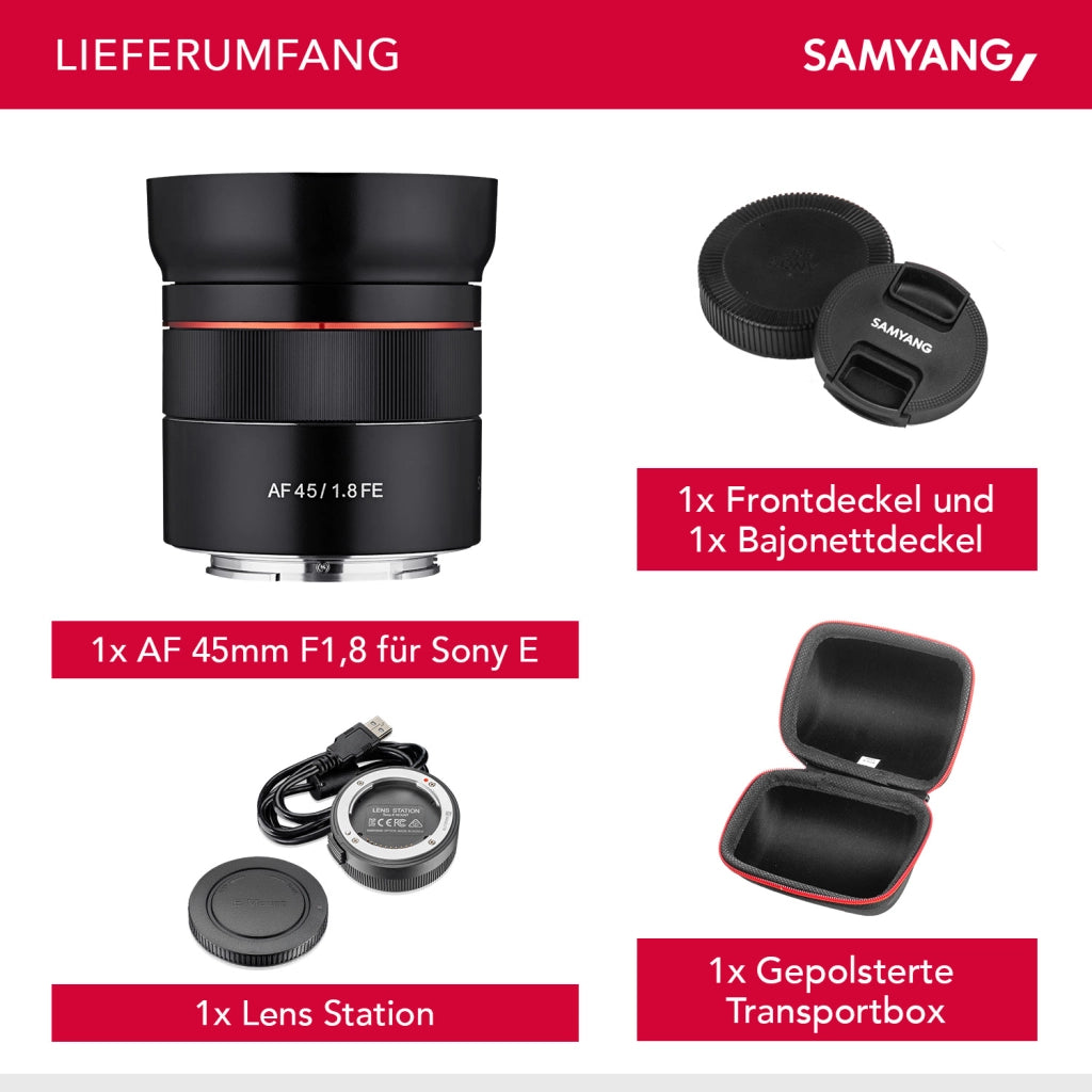Obiettivo fotografico AF 45mm F1.8 FE & Lens-Station compatibile con l'innesto E di Sony - per full-frame e APS-C - con autofocus veloce, lunghezza focale fissa per A7C, A7 III, A6100