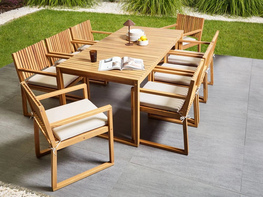 Set da Giardino Legno di Acacia chiaro con Tavolo e 8 Sedie con Cuscini beige chiaro giardino terrazzo