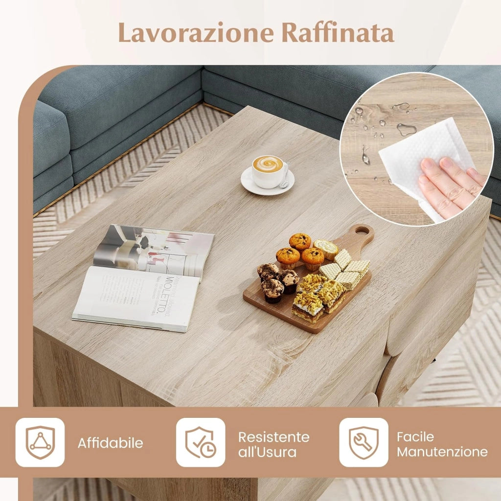 Tavolino da Salotto Moderno con Contenitore, Tavolino da Caffè con Scomparto Posteriore Aperto, 3 Ante e 4 Gambe Rialzate, Tavolo Centrale in Legno per Soggiorno, Studio e Ufficio