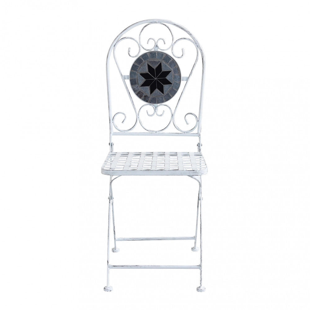 Set Tavolino + 2 Sedie con Mosaico in Metallo Bianco Antico