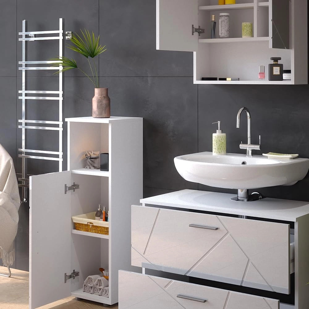 Set mobili bagno Irma, Bianco lucido, 80 cm, composto da mobile sottolavabo, specchiera e mobile medio