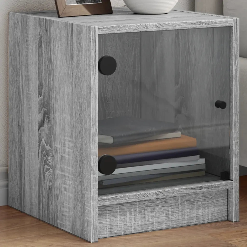 Comodino con Anta in Vetro-Tavolino da notte Grigio Sonoma 35x37x42 cm
