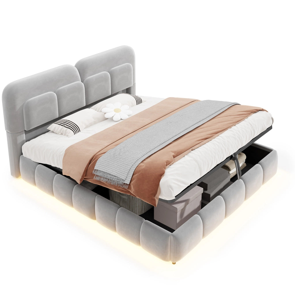 Letto imbottito 140x200 cm con contenitore idraulico e LED; velluto; grigio