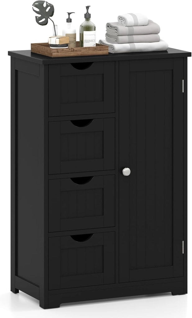Armadietto portaoggetti da bagno con cassetti, organizer con 4 cassetti, ripiano regolabile, dispositivo anti-ribaltamento, console per ingresso, mobile da pavimento del bagno (nero)