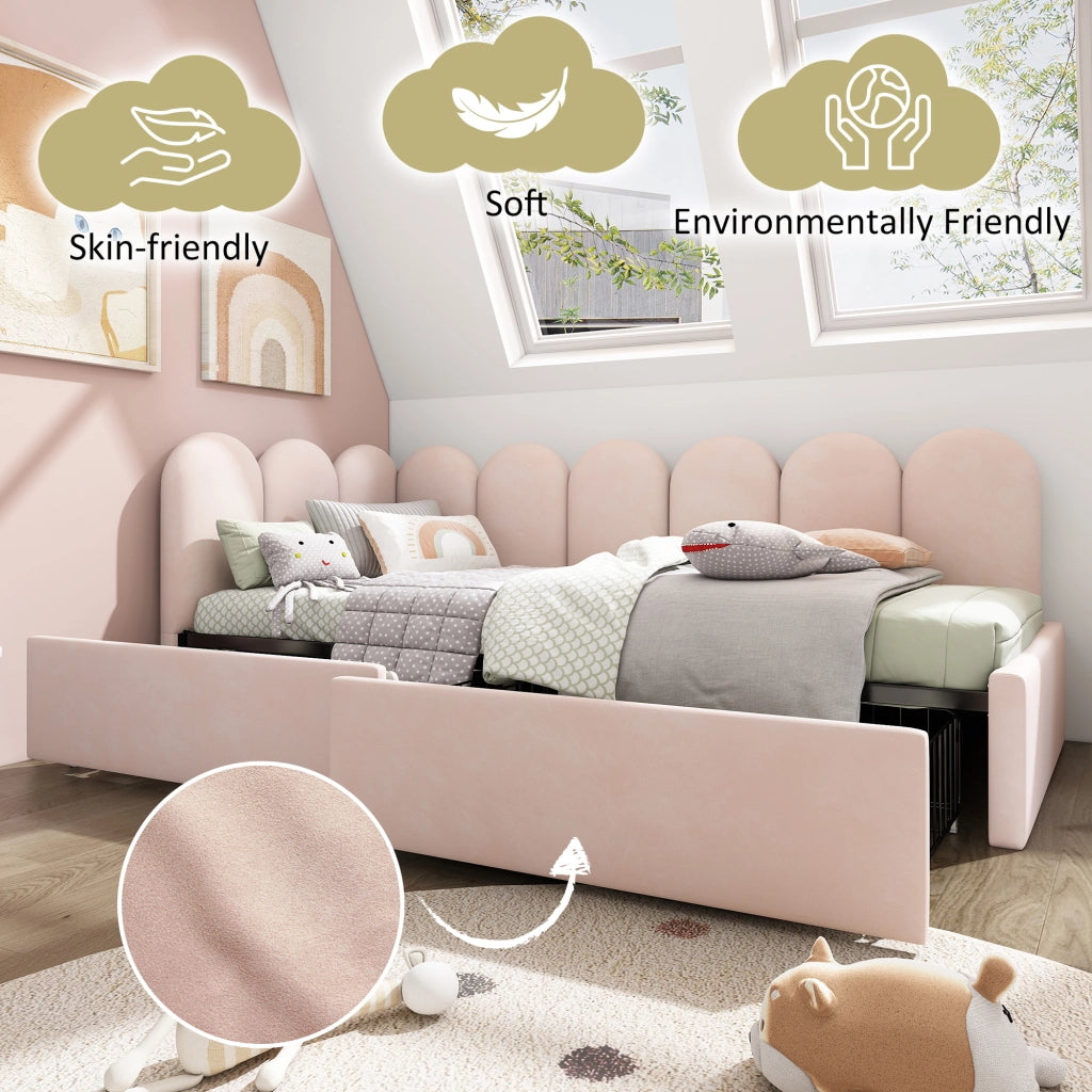 OKWISH Letto Divano 90×200 cm, Letto Singolo con 2 Cassetti, Lati Reversibili e Schienale Imbottito, senza Materasso, in Velluto, Rosa