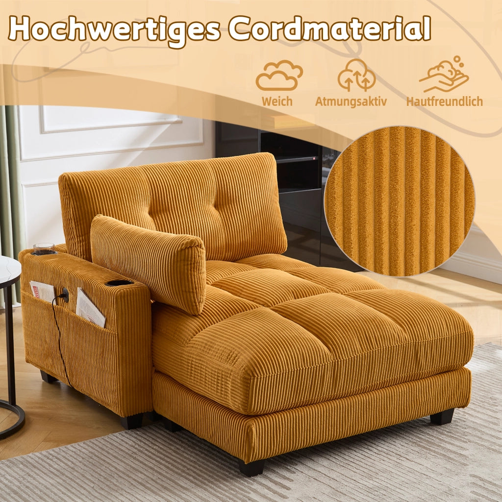 Poltrona Lounge Con USB E Portabevande; Braccioli Reversibili; Cuscino Poggiatesta Regolabile in Velluto A Coste Giallo Senape