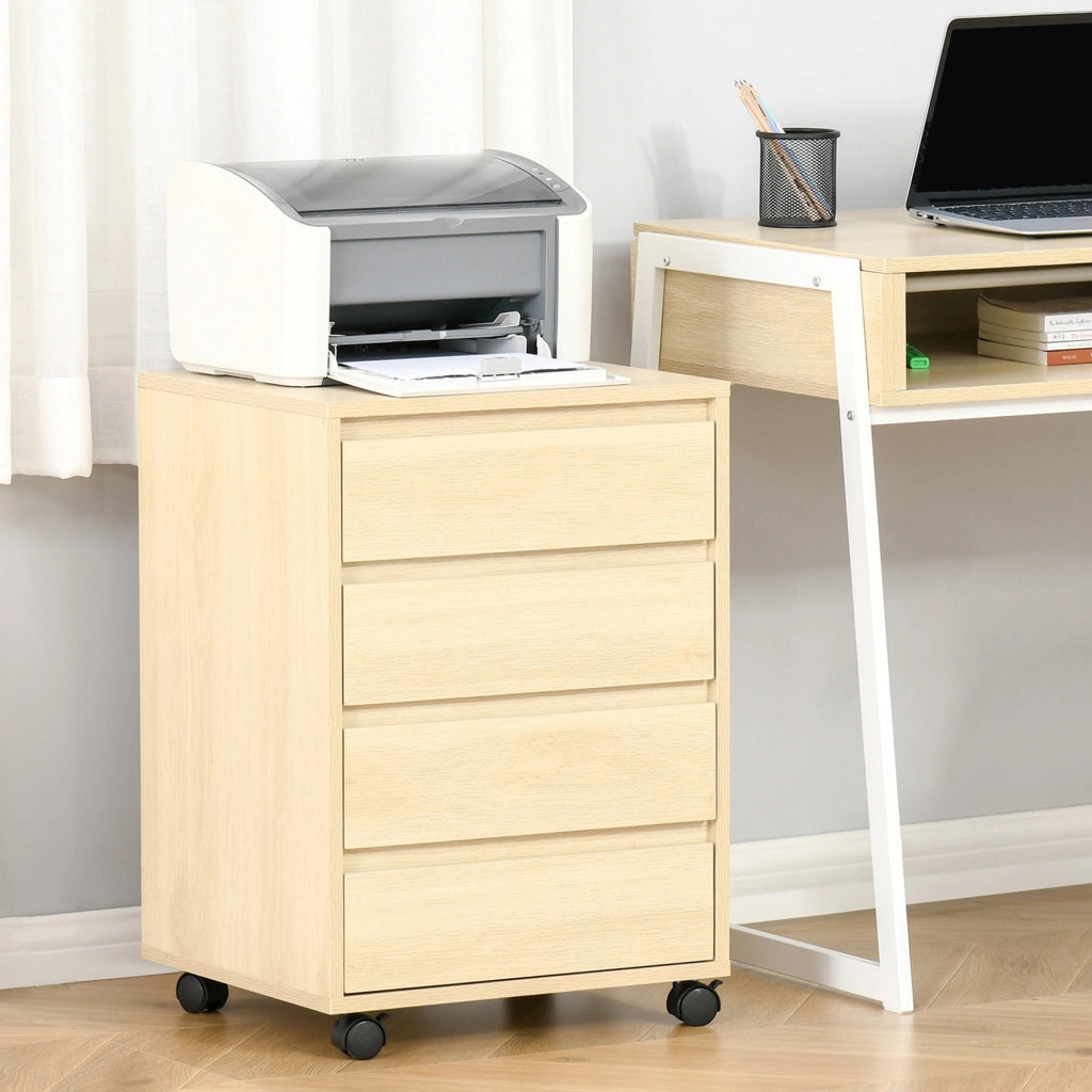 Cassettiera per Ufficio con 4 Cassetti e Ruote ¨C Zephmum ¨C Legno Naturale 46x40x65 cm