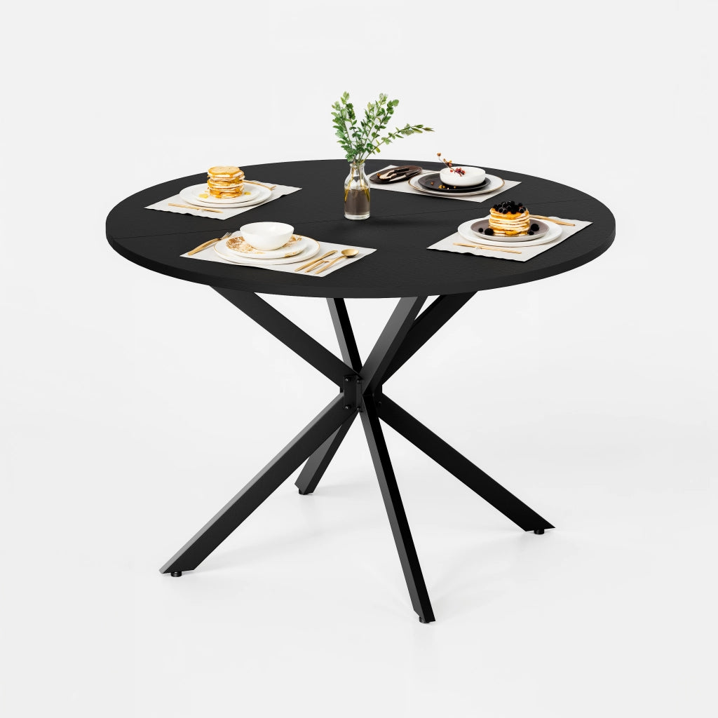 Tavolo da pranzo rotondo per 4-6 persone con base a X e piano in truciolare; per cucina e soggiorno; 120×76 cm; nero