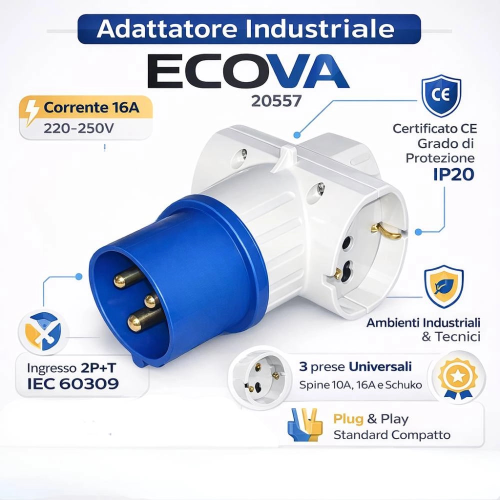 Ecova 20557 adattatore industriale 16a 2p+t a 3 prese universali 220v