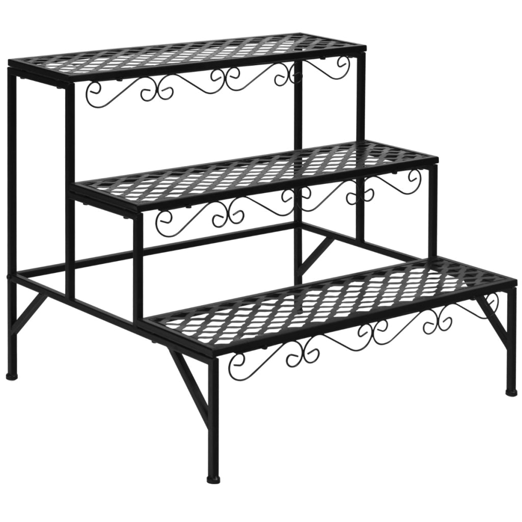 Scaffale espositivo di metallo con 3 livelli per piante per interno ed esterno, Organizer per fiori e piante Nero