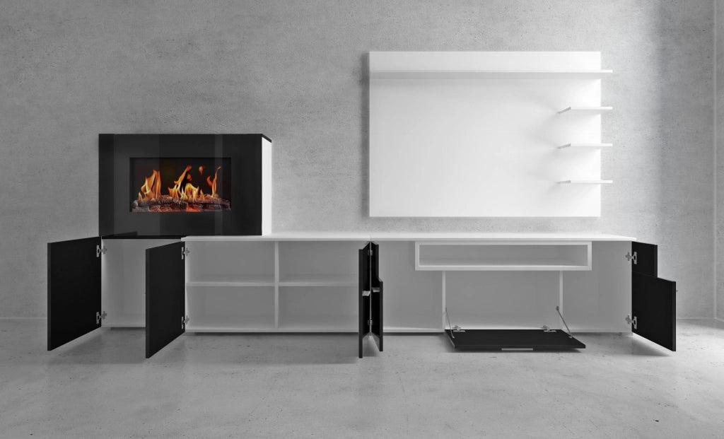 Mobili da soggiorno, camino elettrico a 5 livelli di fiamme, Bianco Opaco e Laccato Bianco Chiaro, 290x45x170cm  RF3663