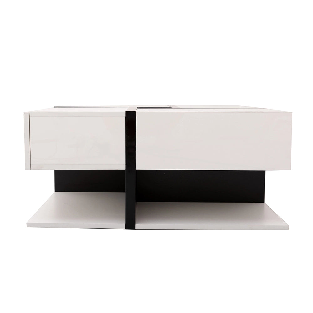 Tavolino da caffè 78x78x36 cm; 4 cassetti e ripiano inferiore; pannello truciolare bianco