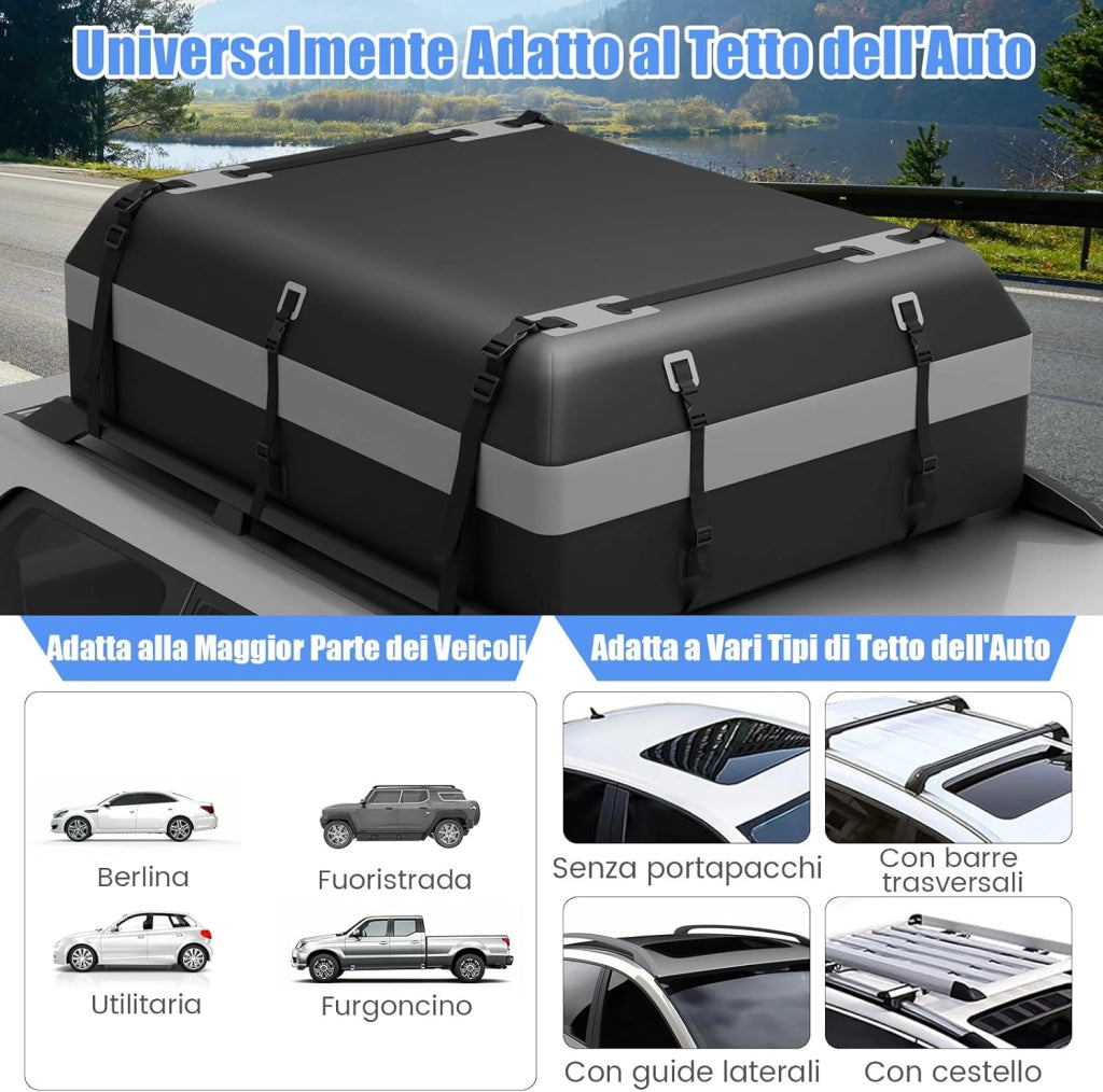Borsa da Tetto per Auto Impermeabile 21Cu.Ft/595L, Box Tetto Universale con Tappetino Antiscivolo+ 12/14 Cinghie+ 6 Ganci, Sacca per Auto con/senza Barre Portapacchi (Grigio, 21Cu.Ft/595L)