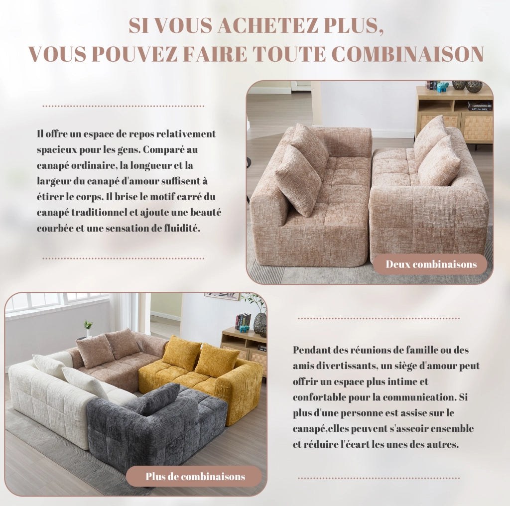 Divano comodo 2 posti in tessuto khaki con chaise longue, cuscino incluso e tasche laterali