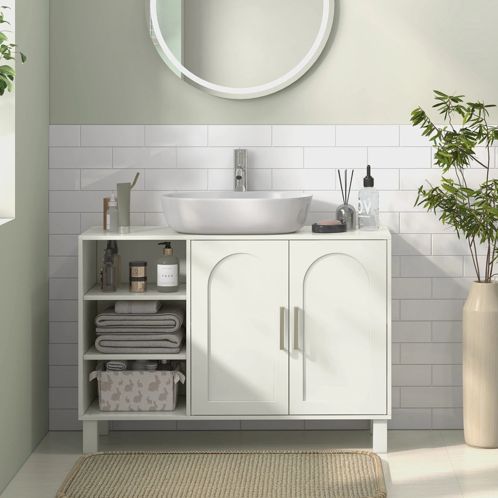 Mobile Sottolavabo Bagno con Anta e Ripiani Regolabili ¨C Zephmum ¨C Crema 90x30x63 cm