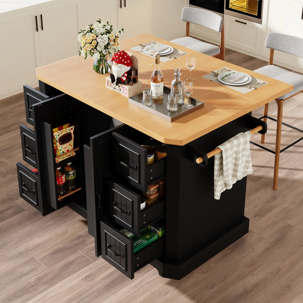 Carrello da Cucina con 2 Ante e 6 Cassetti con Ruote; in MDF e Metallo; per Cucina; 120x45x91 cm; Nero