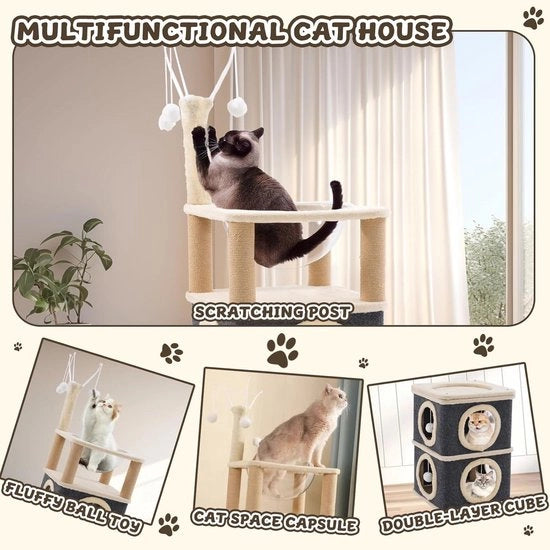 Letti per Gatti di Casa Grande Casetta per Gatti Cube a 2 Livelli con 4 Alberi per Arrampicarsi Stabile Torre per Gatti con Spazio per il Letto Capsula e Palla Molle