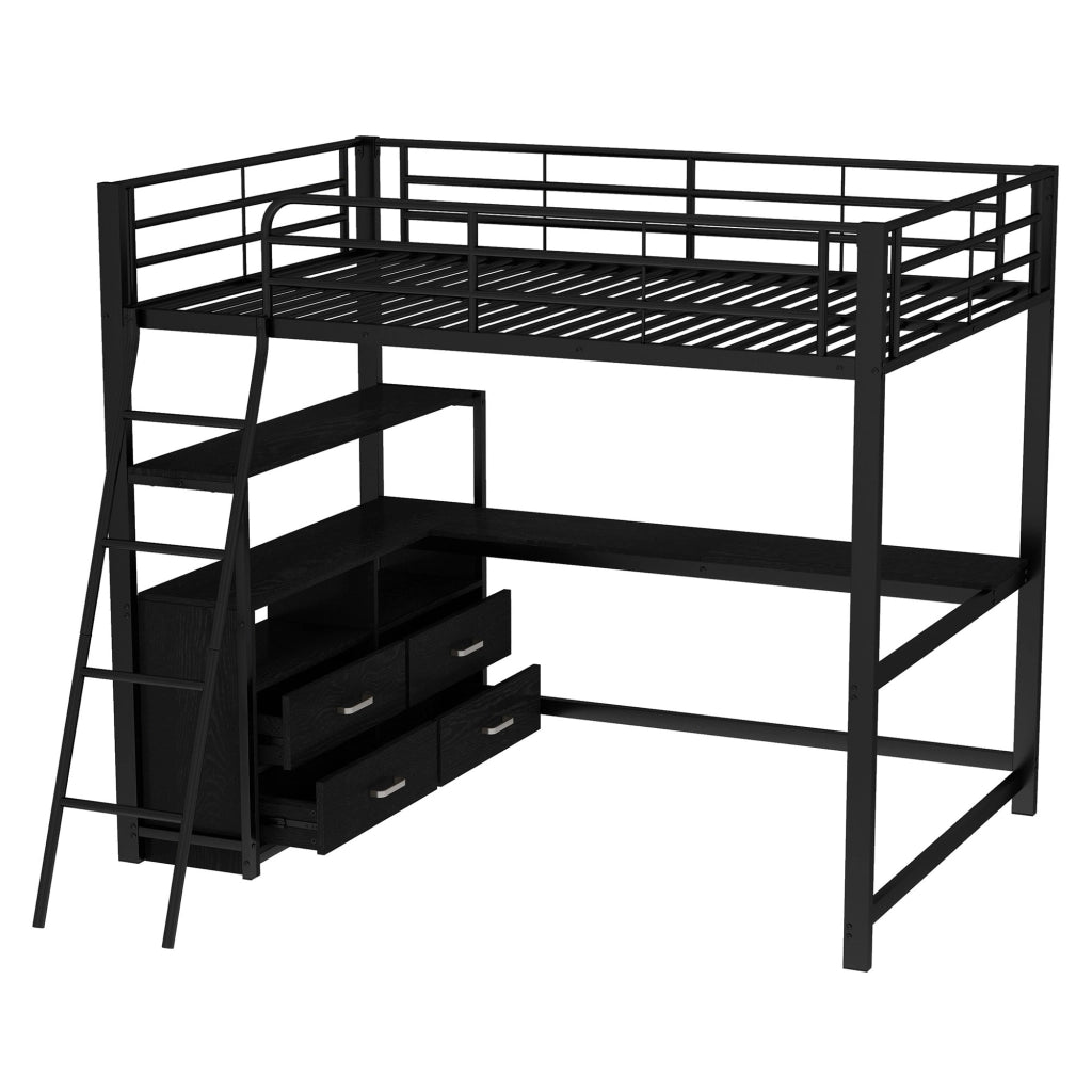 Letto a castello nero in metallo e MDF con scrivania a L e cassetti 140x200 cm