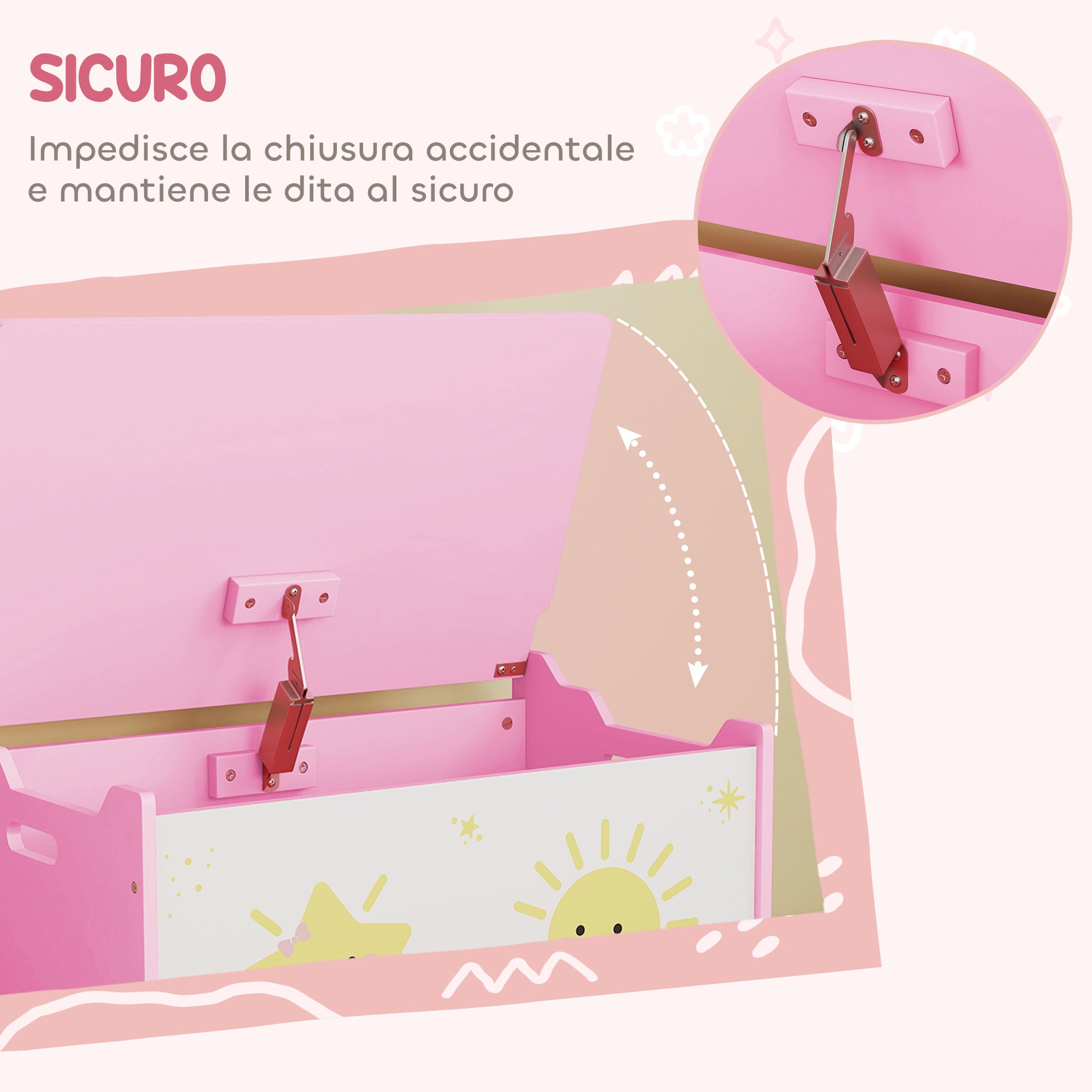 Baule Portagiochi per Bambini 60x37x39 cm con Coperchio in MDF Rosa