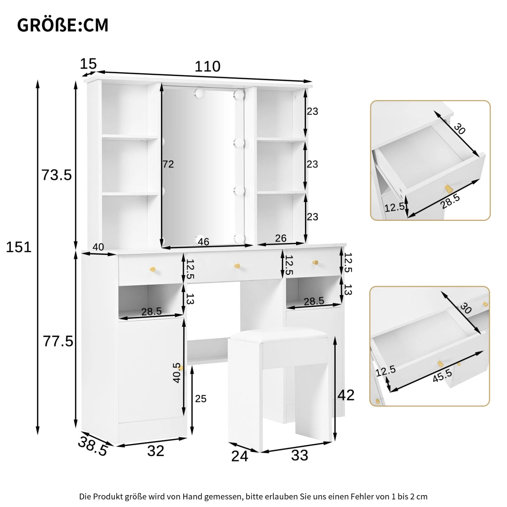Tavolo da trucco con specchio e LED regolabili, 3 cassetti, 2 ante e 4 ripiani aperti, bianco, 110 x 40 x 151 cm