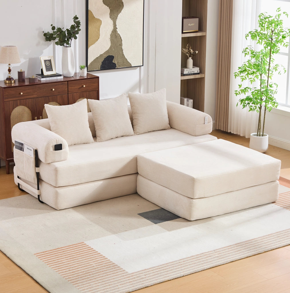 Divano modulare in corduroy beige con tasca laterale; 3 cuscini e struttura in metallo 200x190x67 cm
