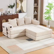 Divano modulare in corduroy beige con tasca laterale; 3 cuscini e struttura in metallo 200x190x67 cm