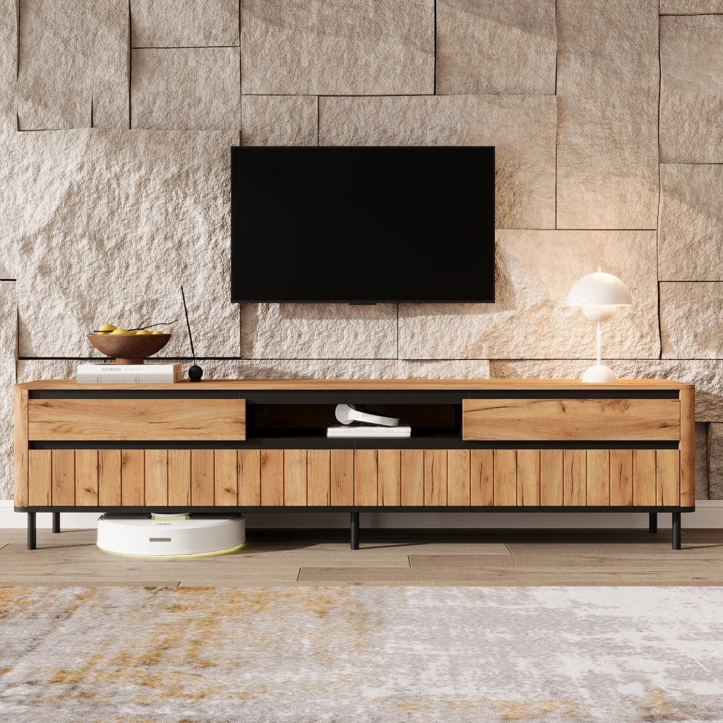 Set soggiorno con credenza 160 x 40 x 73 cm e mobile TV 180 x 40 x 52 cm, finitura naturale con dettagli neri