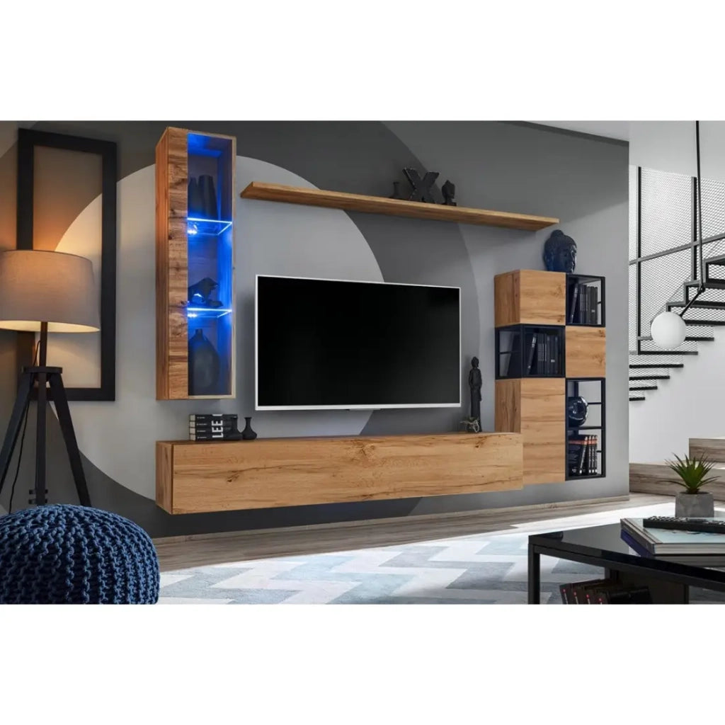 Vetrina sospesa color rovere piccolo modello con 1 porta a vetro e illuminazione LED inclusa. Collezione SWITCH.