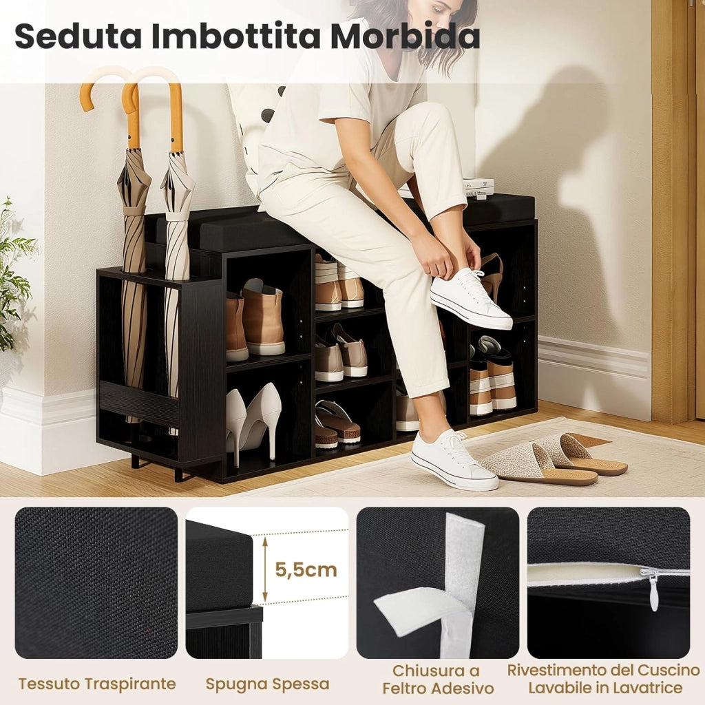Panca Porta Scarpe con Portaombrelli, Scarpiera da Ingresso a 10 Scomparti con Seduta Imbottita, Ripiani Regolabili e Removibili per Corridoio, Soggiorno e Camera da Letto (Nero)