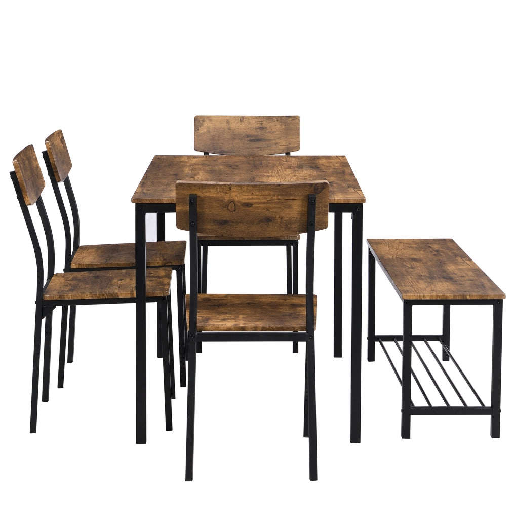 Set da pranzo con tavolo; 4 sedie e 1 sgabello; pannello truciolare e metallo; marrone