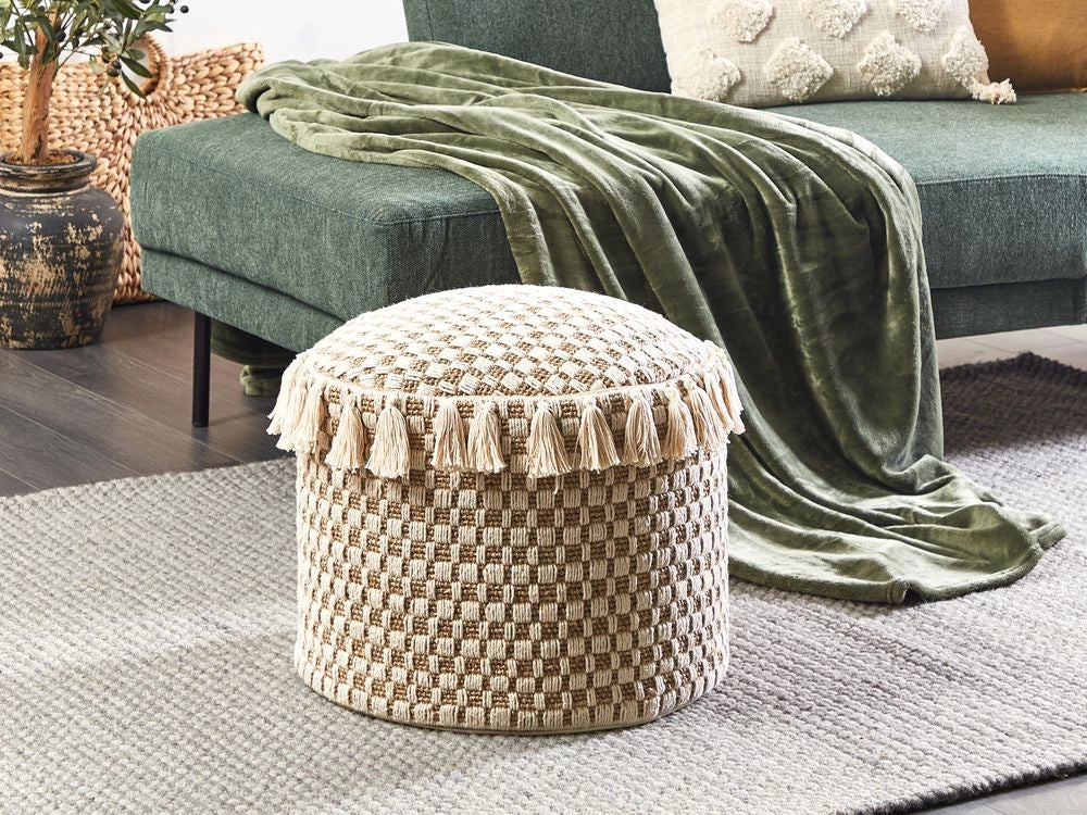 Pouf Natural Beige Seagrass Cotton 50 cm Styrofoam Filling Ottoman Handwoven Boho Style