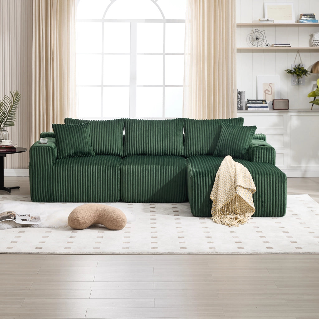 Divano modulare con chaise longue e 2 posti in velluto a coste con 5 cuscini e tasche laterali verde smeraldo