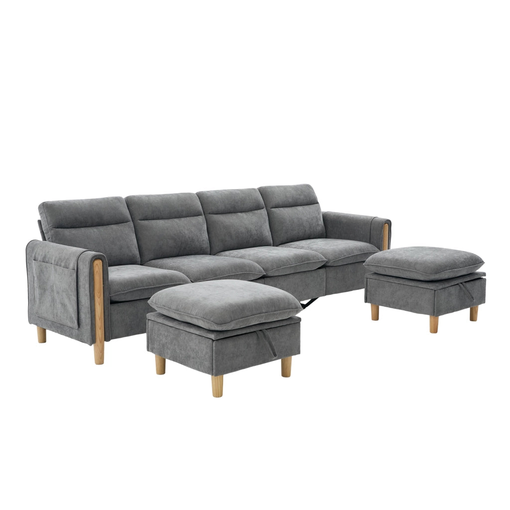 Divano a U modulare con 2 pouf contenitore e tasche laterali in chenille grigio chiaro per soggiorno 261 × 77 × 86 cm