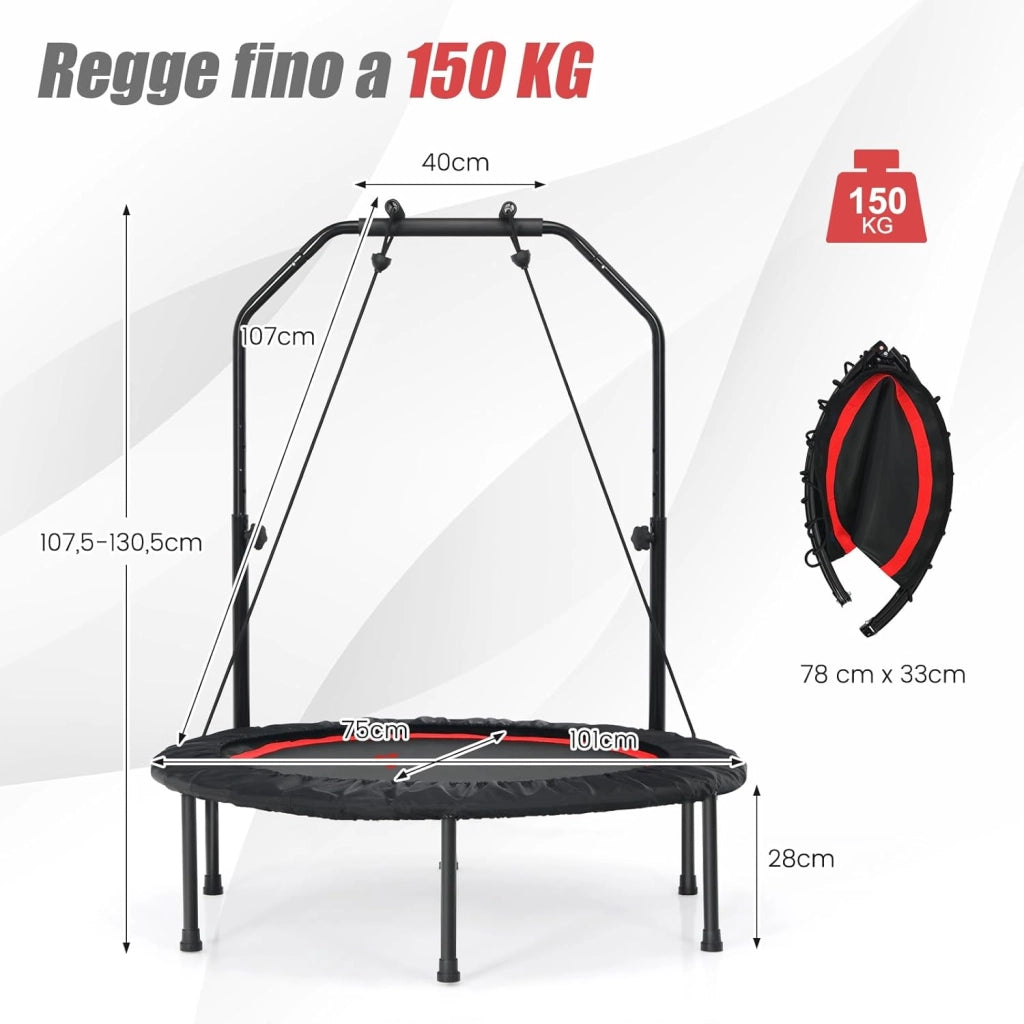 Mini Trampolino Pieghevole 101cm, Trampolino Fitness per Adulti e Bambini,con Maniglia Altezza Regolabile, Capacità di Carico 150 kg