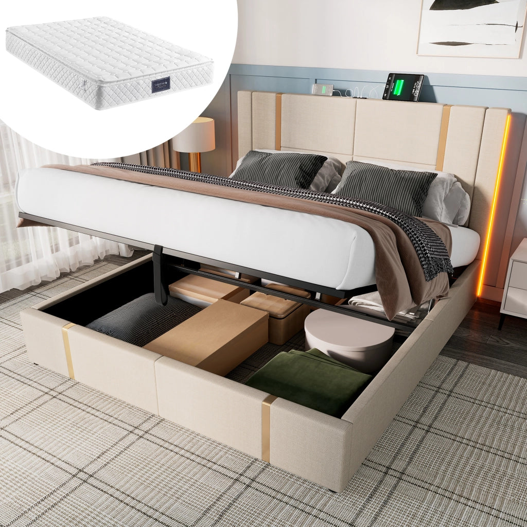 LETTO Contenitore 140x200 cm in tessuto beige con LED, USB Type-C e materasso incluso