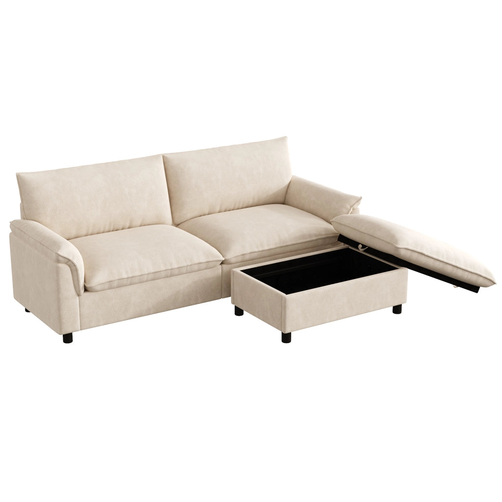Divano modulare a sezione tipo cloud in Chenille beige con pouf mobile e contenitore