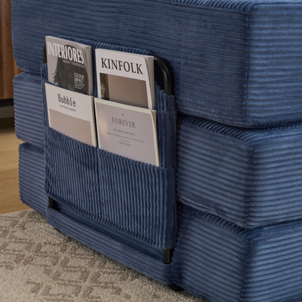 Divano letto pieghevole convertibile in velluto a coste con braccioli, tasche laterali e portabicchieri, blu scuro