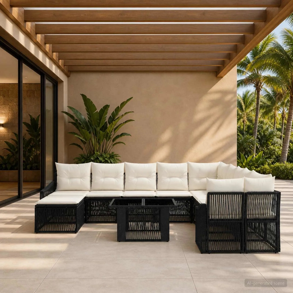Set Divano da Giardino 12 pz Nero e Bianco Crema polyrattan 3437344