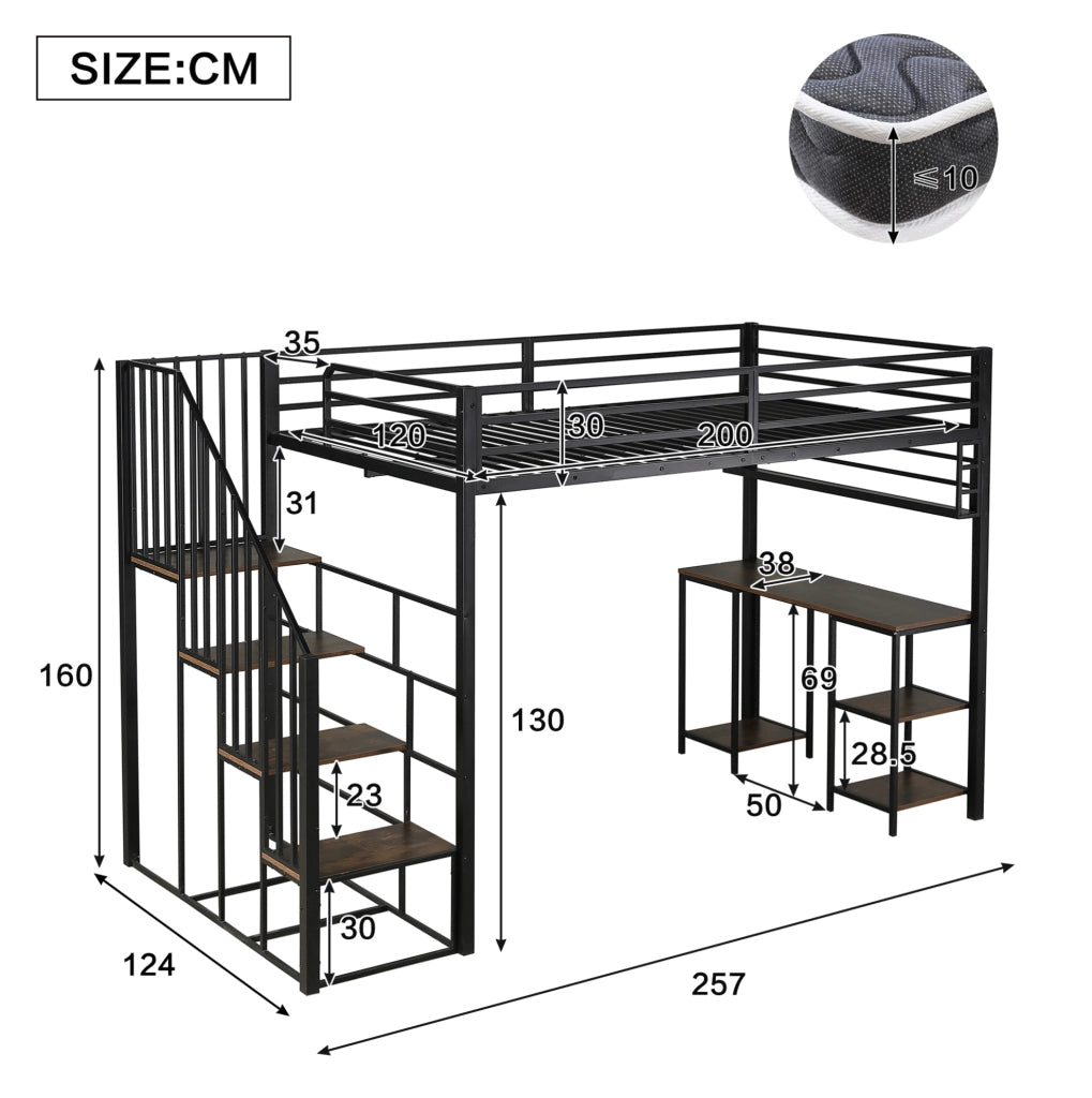 Letto a soppalco ULEVR 120x200 cm con scrivania, scaffale e scale con corrimano, nero e noce scuro