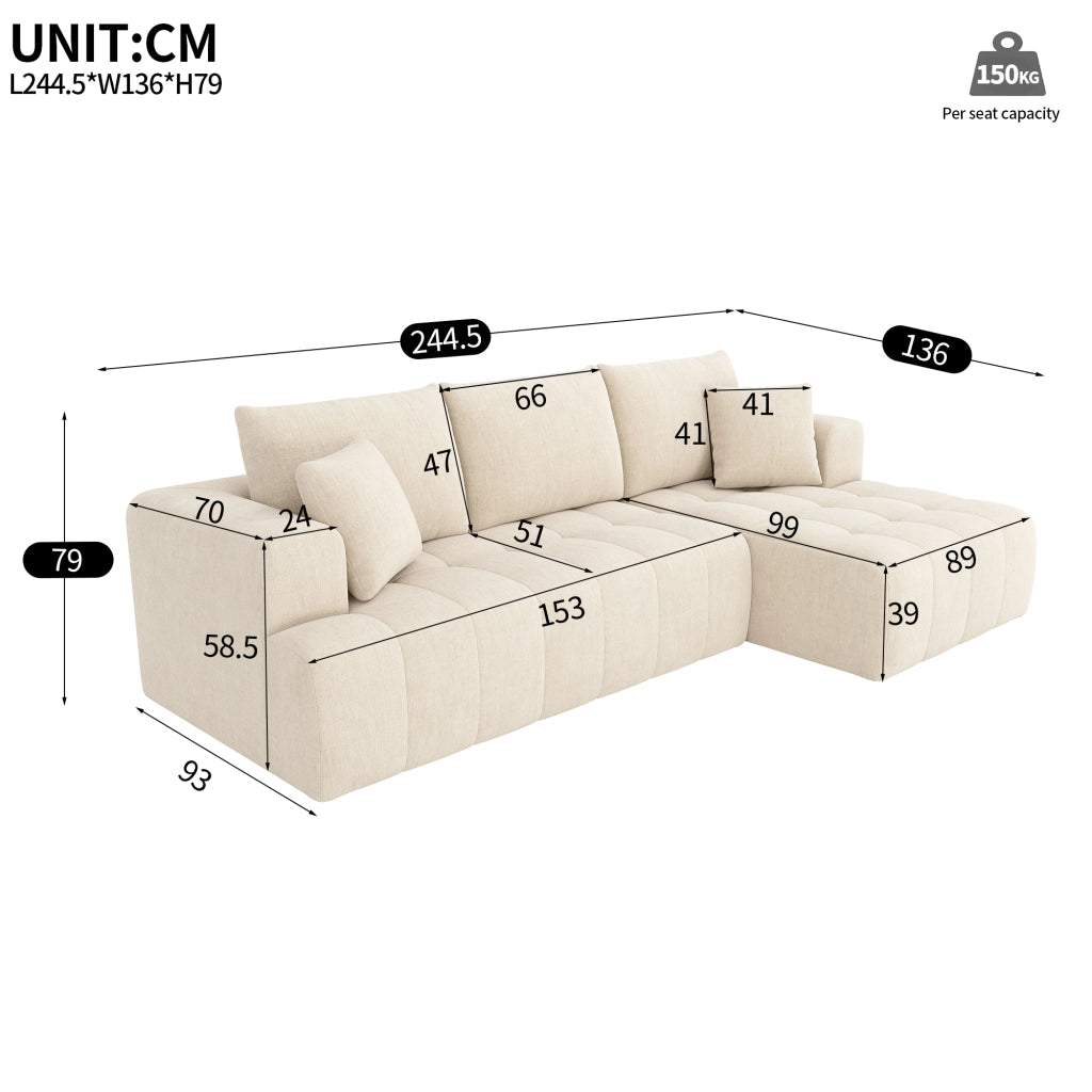 Divano angolare modulare 3-4 posti con chaise longue e 2 cuscini, design basso per soggiorno in chenille beige